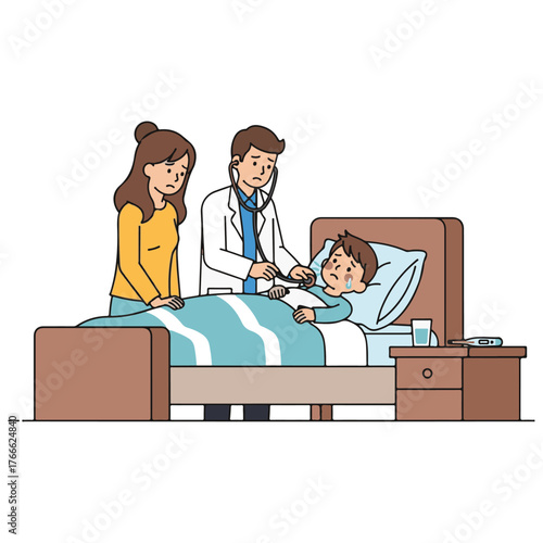 Child with Fever and Illness in Hospital Bed Under Doctor's Examination, Worried Mother Comforts Sick Son, Pediatric Medical Care and Family Concern