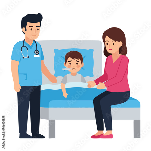 Child with Fever and Illness in Hospital Bed Under Doctor's Examination, Worried Mother Comforts Sick Son, Pediatric Medical Care and Family Concern