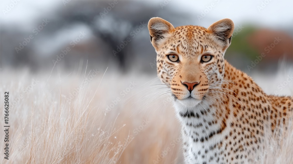 Fototapeta premium Detailed Wildlife Portrait of a Leopard Resting in Dry Grassland with Soft Bokeh Background Natural Lighting