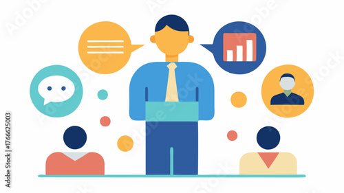 An abstract representation of public speaking techniques with icons for body language audience engagement and speech structure ed in a presentation format.