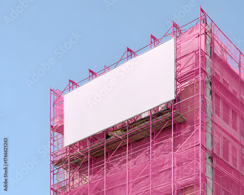 Bright pink scaffolding wrapped in protective netting, featuring a large blank poster for copy space, attached to the side of a building under construction.
