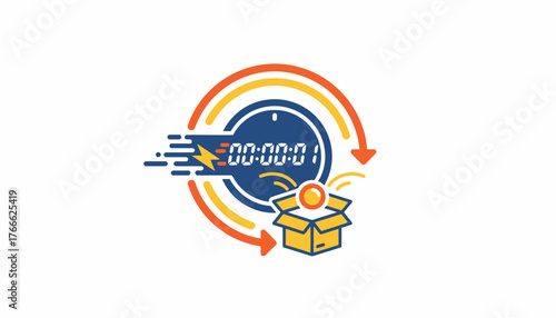 Shipping box with a bouncing package representing fast delivery, a stopwatch indicating speedy service, and circular arrows symbolizing logistics and efficient returns, on a transparent background