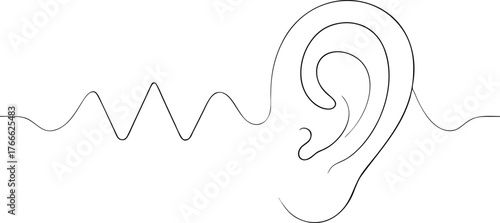 Black line drawing of human ear and sound wave hearing