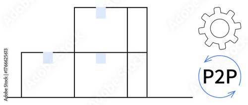 Boxes stacked in warehouse arrangement, gear symbol for operations, P2P loop signifying supply chain flow. Ideal for logistics, distribution, e-commerce, warehouses, automation, supply chain