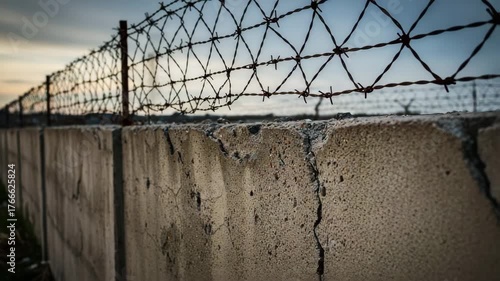 Concrete prison wall with crumbling surface and barbed wire above, decaying perimeter barrier of restricted area, prison architecture symbolizing isolation, enclosed war zone and danger boundary