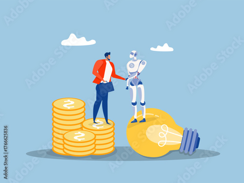 Robot standing on lightbulb idea lamp shaking hands with VC businessman on money coins stack Idea pitching, fund raising and venture capital, selling business or merger agreement concept,vector