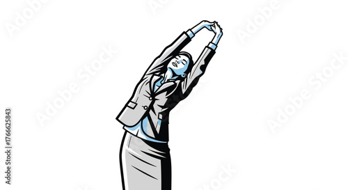 Tired businesswoman stretching arms overhead in an office setting