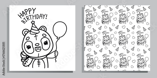 A coloring page with a cute panda and a balloon. Seamless vector pattern and birthday greeting card.