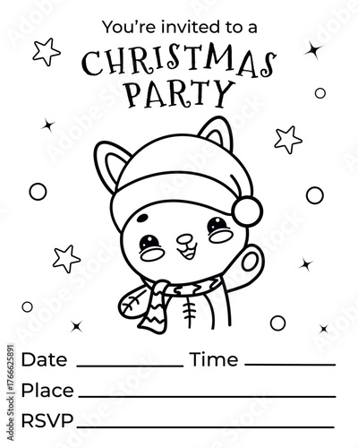 Cute Christmas party invitation coloring page, Kawaii bunny greeting card for kids