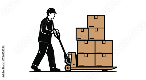 Warehouse worker skillfully maneuvers stacked boxes with a pallet jack.