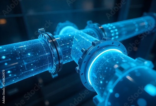 Futuristic digital pipeline with AI, ML, IoT sensors enables smart leak detection, sustainable water management, and automation. Innovative tech interface visualizes data flow for urban infrastructure