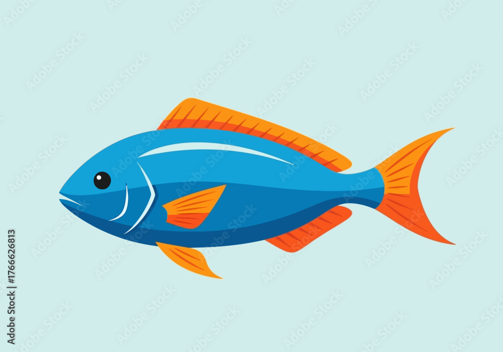 Fototapeta premium Cartoon Blue Fish with Orange Fins and Tail Illustration.