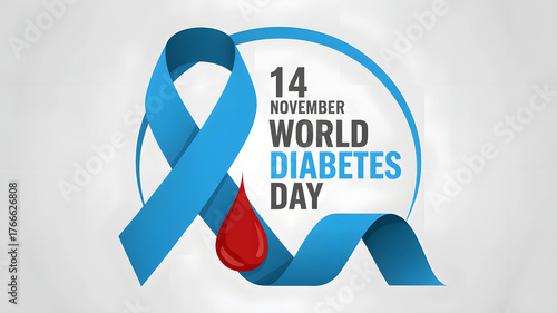 World Diabetes Day design with blue ribbon and red blood drop