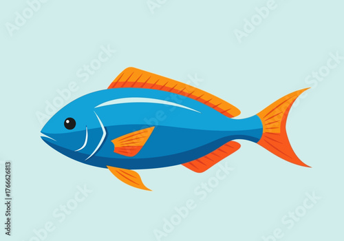 Cartoon Blue Fish with Orange Fins and Tail Illustration.