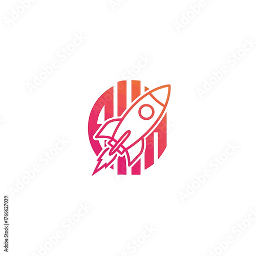 Minimalist rocket launch line art icon with a striped circular background. Vector graphic symbolizing business startups, technological innovation, and speedy progress