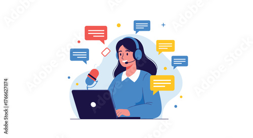 Woman wearing headset and using laptop with microphone for online communication and podcasting.