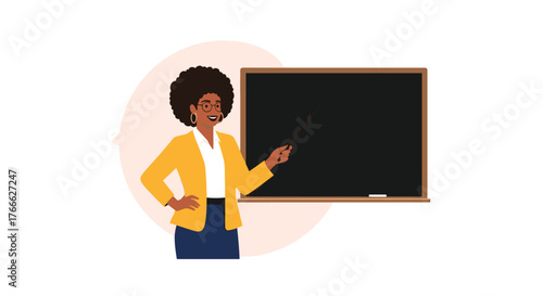 Illustration of a black female teacher with an afro standing next to a blackboard pointing with a stick.