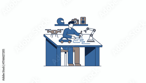 Man sitting at a desk, sketching innovative concepts and designing prototypes for robotics, drones, and other technology while surrounded by engineering tools, on a transparent background