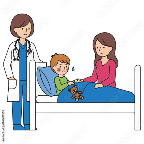 Child with Fever and Illness in Hospital Bed Under Doctor's Examination, Worried Mother Comforts Sick Son, Pediatric Medical Care and Family Concern