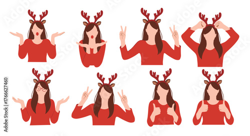 Set of eight cartoon women with reindeer antlers showing various expressions and gestures for Christmas.
