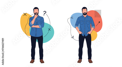 Man contemplating and then confidently standing with hands in pockets, illustrating a thought process and decision-making.