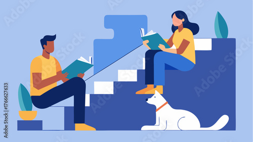 Two neighbors seated on a staircase sharing books and animatedly discussing storylines with a dog lounging happily at their feet.