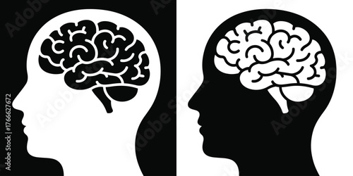 Brain and head side view icon set, flat and outline vector design, mind symbol illustration for medical, healthcare, psychology and educational applications