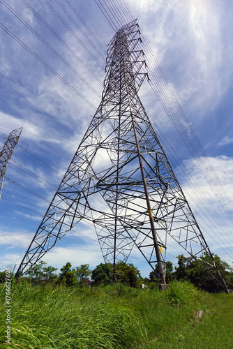 A large steel structure of a high-voltage power pole