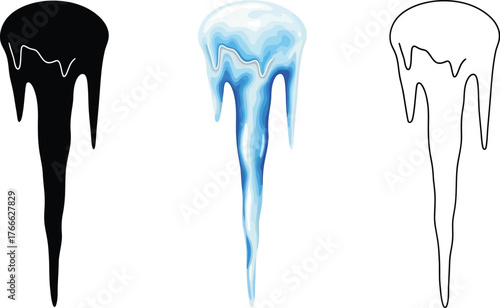 Three icicle icons in different styles solid, colored, and outline versions
