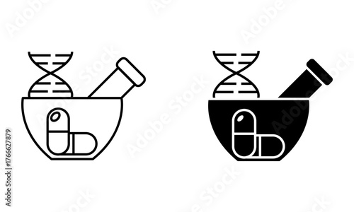 mortar and pestle with DNA, biotechnology medicine icon vector