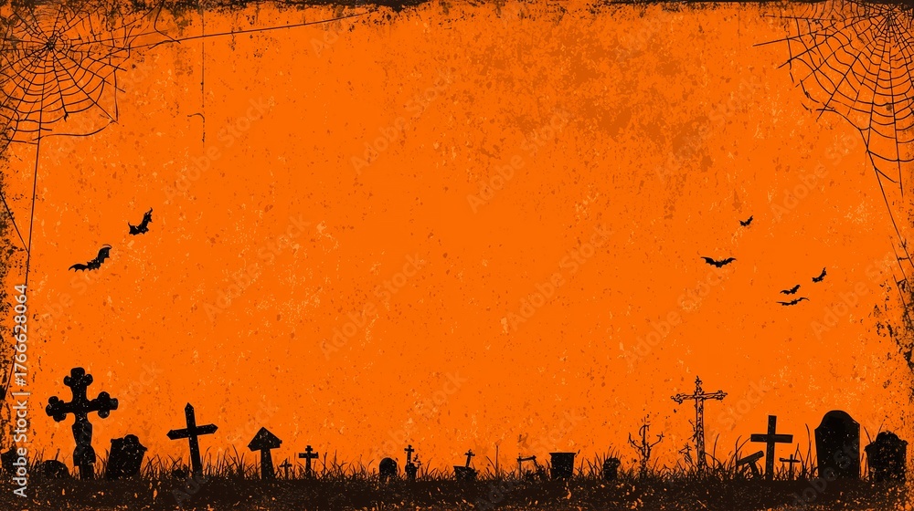 Orange grunge Halloween backdrop with tombstones, bats and spiderwebs silhouette, concept for holiday cards, festive invitations and thematic web design