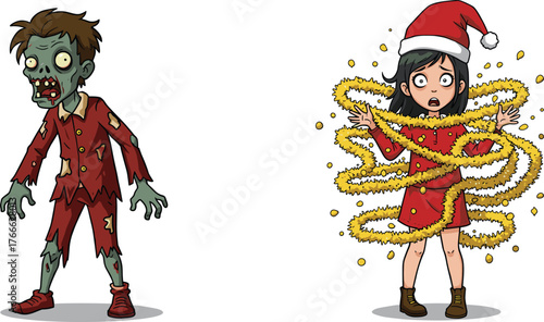 Funny zombie boy and scared Christmas girl tangled in golden tinsel, humorous horror holiday cartoon illustration for festive design.