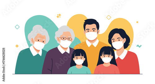 Diverse family wearing face masks for protection, symbolizing health and unity.