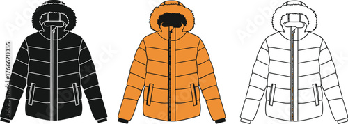 Set of three puffer jackets in different styles winter clothing and outerwear illustration