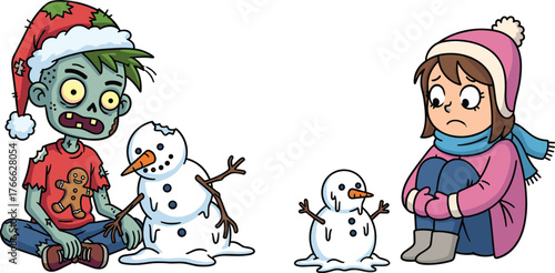 Funny zombie boy and sad girl with melting snowmen winter Christmas cartoon vector illustration in humorous holiday festive style