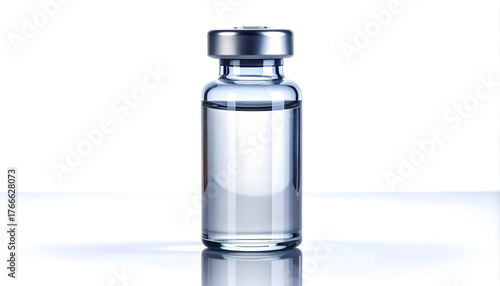 Medical Grade Clear Glass Vial Isolated on White with Transparent Liquid
