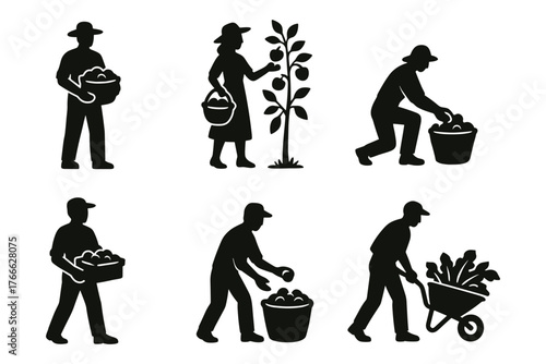 Collection of fruit and vegetable picker silhouettes icon ,agriculture, harvest, farm