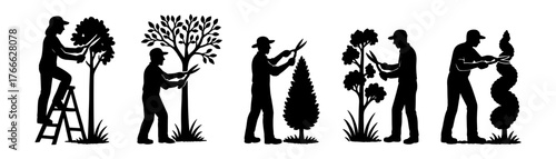 Collection of gardener pruning silhouettes icon , trees, landscape, maintenance

