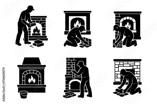 Collection of Fireplace builder silhouettes icon , masonry, interior, construction