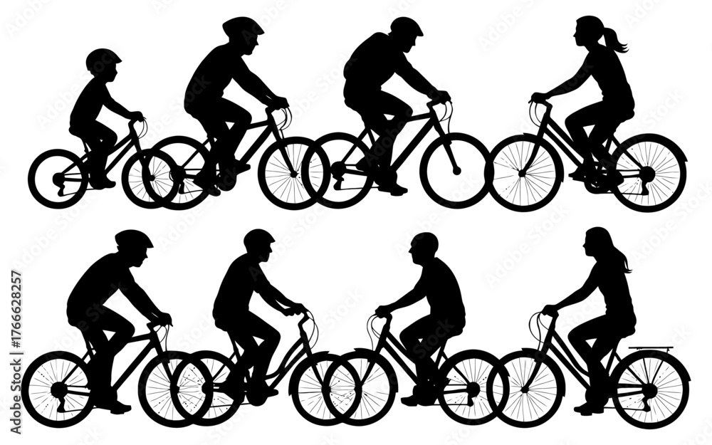 Obraz premium A group of people riding bicycles in different styles. The silhouettes of the people are shown. Vector. Silhouette illustration.