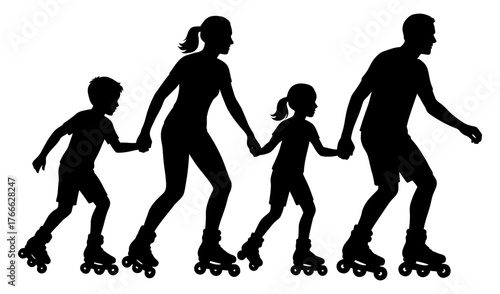 A family of four is riding roller skates together. The man is in the middle of the group, and the woman. Vector. Silhouette illustration.