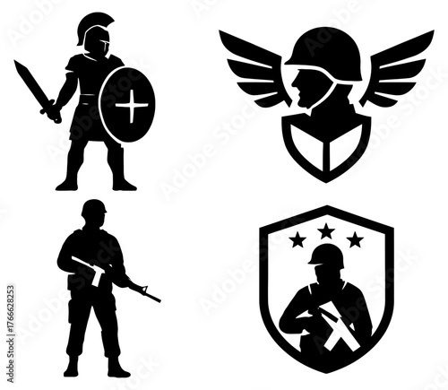 A set of four military symbols, including a soldier with a rifle, a shield, a helmet, and a sword. Vector. Silhouette illustration.