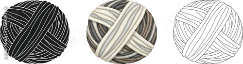 Three balls of yarn in different styles black, colored, and outline illustration