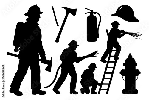 A group of firefighters are shown in silhouette, with one of them holding a fire hose. Concept of action and urgency. Vector. Silhouette illustration.