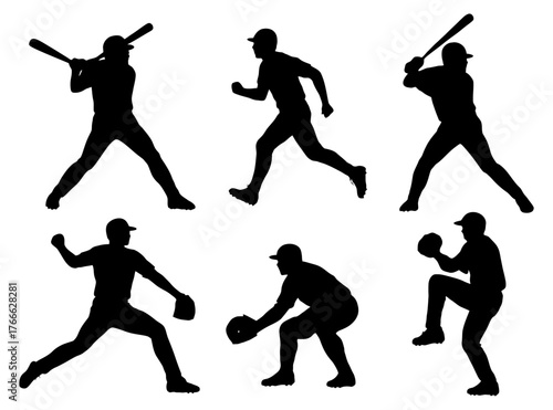A series of silhouettes of baseball players in action. Scene is energetic and dynamic. Vector. Silhouette illustration.