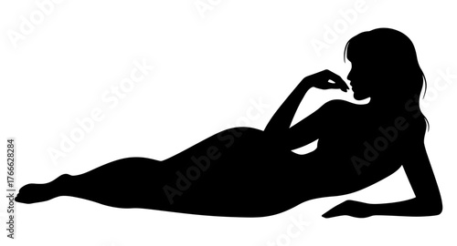 A woman is laying on her back with her hands on her knees. She is looking to her right. Vector. Silhouette illustration.