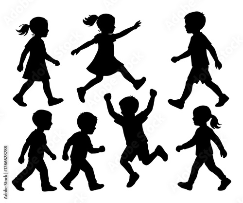 A group of children are playing and running around. The children are all different ages and sizes. Vector. Silhouette illustration.