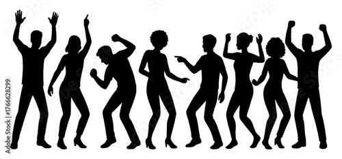 A group of people are dancing and having fun. Scene is lively and energetic. Vector. Silhouette illustration.