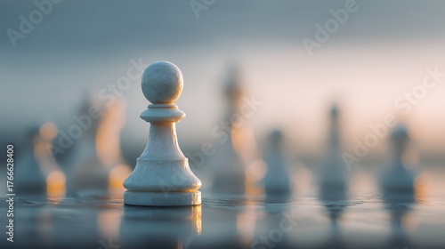 Close-up of white pawn on a chessboard, with other pieces blurred in background showing strategic position; concept for game strategy, leadership vision and business competition