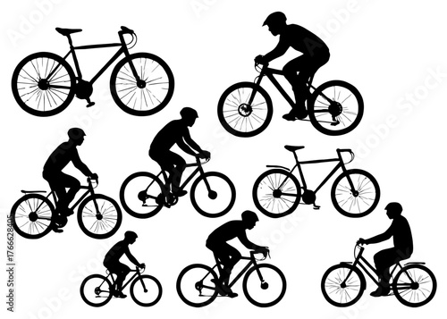 A series of silhouettes of people riding bicycles. The silhouettes are of different sizes and styles. Vector. Silhouette illustration.